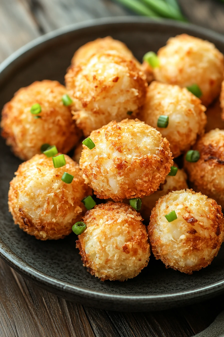 Close-up of air fryer shrimp balls with a golden crispy texture on a clean white plate.