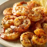 Close-up of air fryer shrimp with lemon pepper seasoning on a clean white plate.
