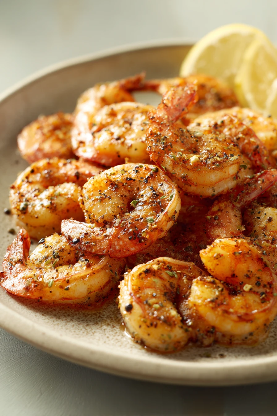 Close-up of air fryer shrimp with lemon pepper seasoning on a clean white plate.