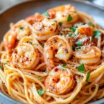 Close-up of air fryer shrimp pasta with creamy sauce and herbs