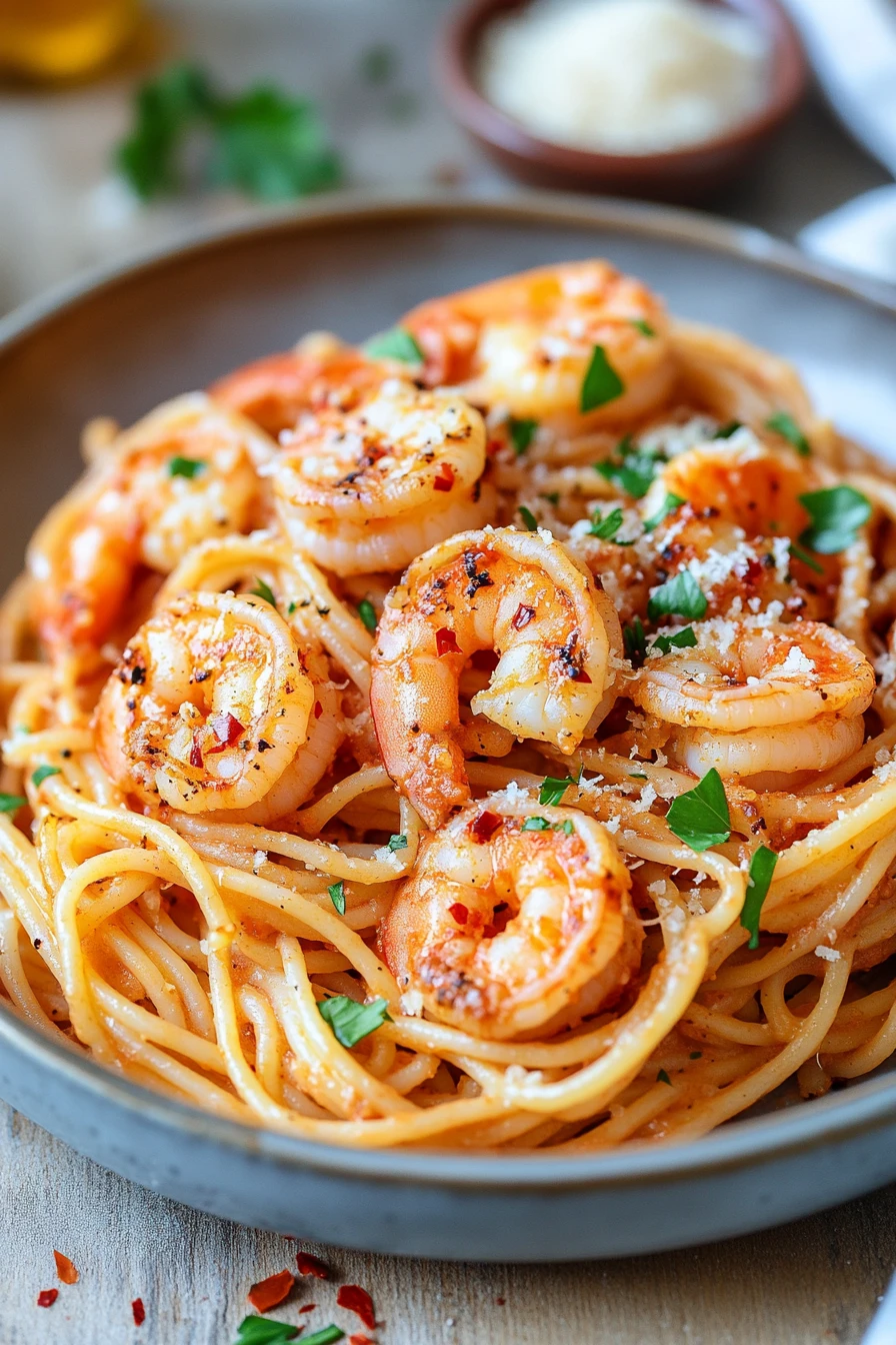 Close-up of air fryer shrimp pasta with creamy sauce and herbs