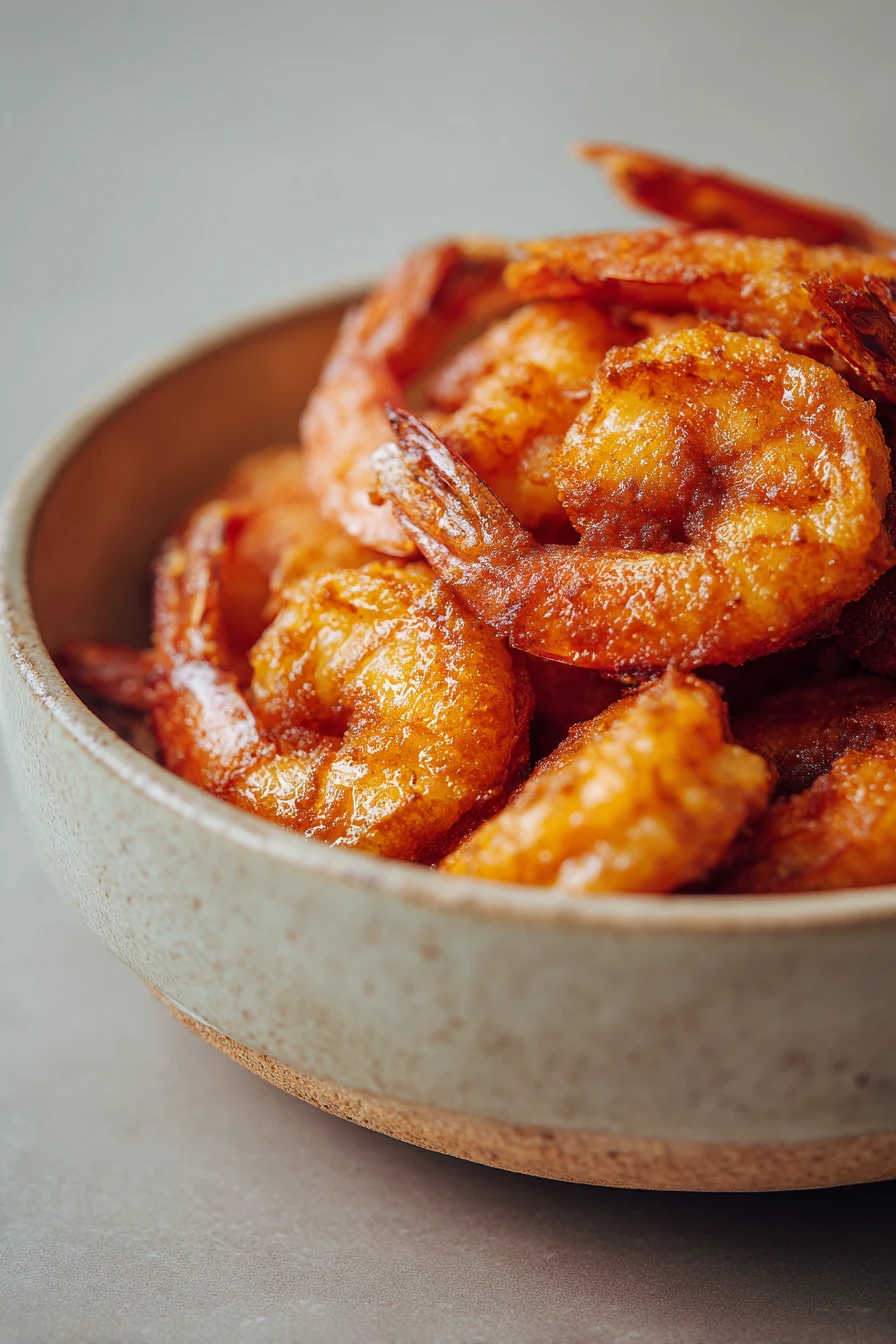 Close-up of air fryer shrimp with a crispy texture, garnished with herbs on a clean white plate.