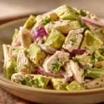 Close-up of a fresh avocado chicken salad with vibrant greens and creamy dressing.