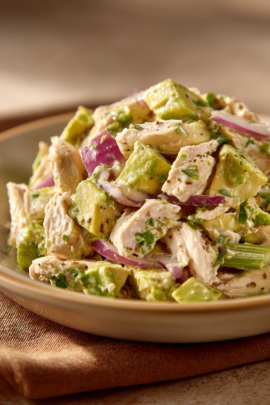 Close-up of a fresh avocado chicken salad with vibrant greens and creamy dressing.