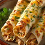 Close-up of baked chicken taquitos with golden crispy shells on a white plate.
