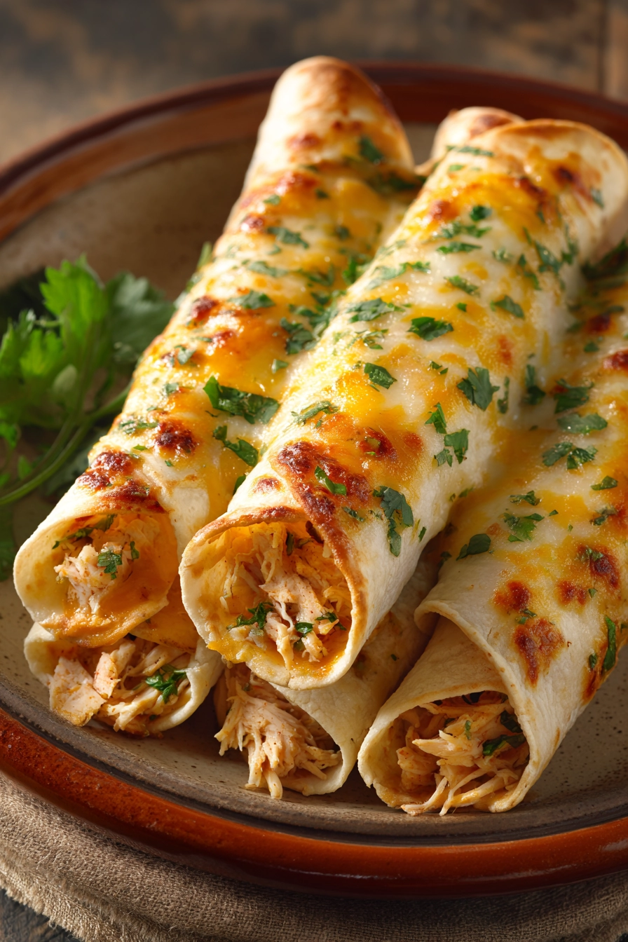 Close-up of baked chicken taquitos with golden crispy shells on a white plate.