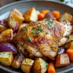 Close-up of baked chicken thighs with crispy skin on a white plate
