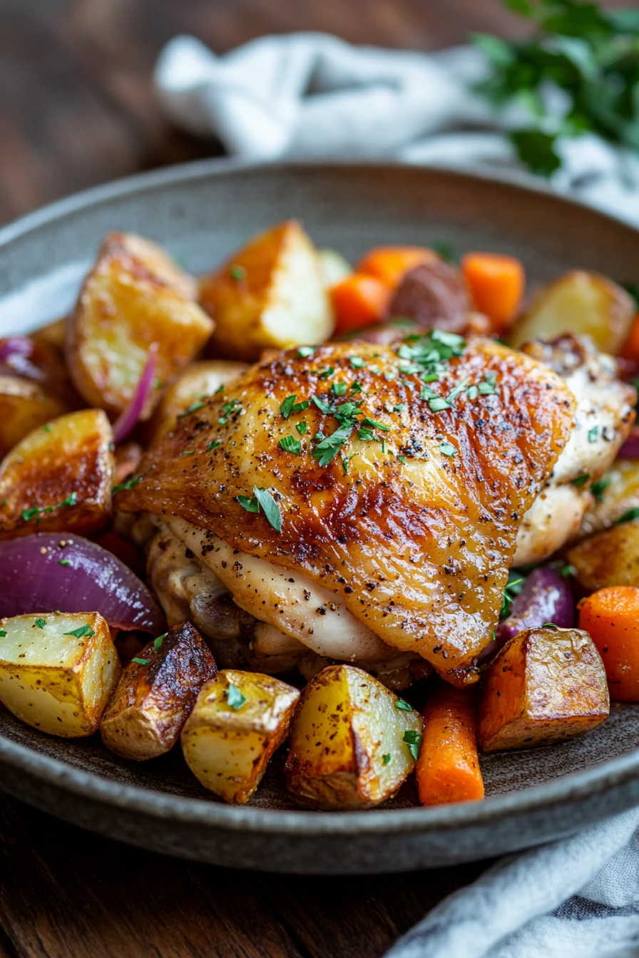 Close-up of baked chicken thighs with crispy skin on a white plate