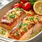 Close-up of baked creamy salmon with a golden crust and herbs on a white plate.