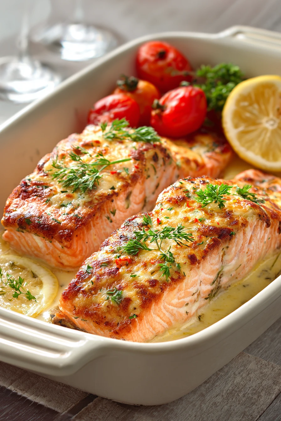 Close-up of baked creamy salmon with a golden crust and herbs on a white plate.