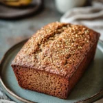 Close-up of banana bread made with quinoa flour on a wooden board