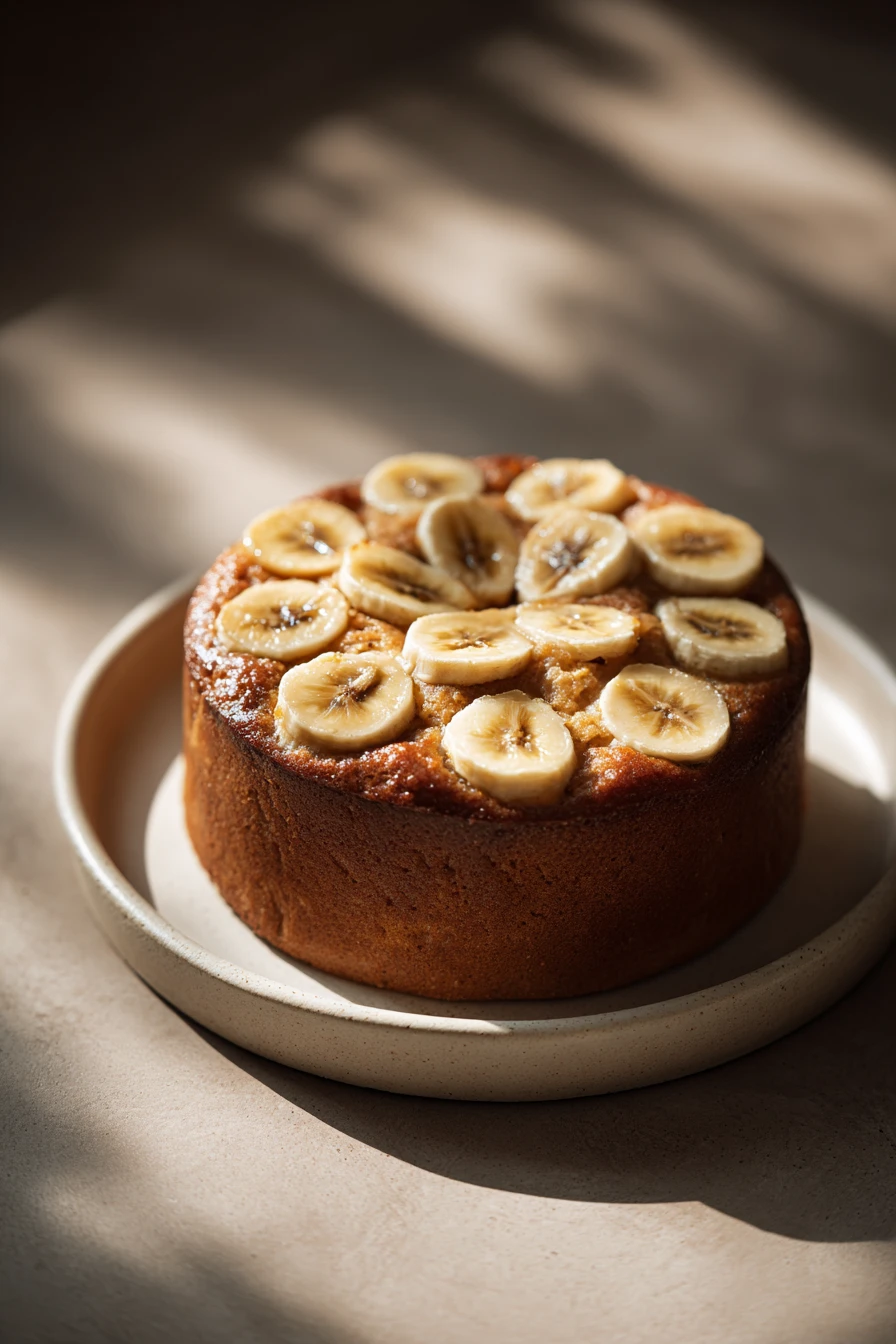Close-up of a banana cake with a Korean aesthetic, featuring a clean background and natural lighting.