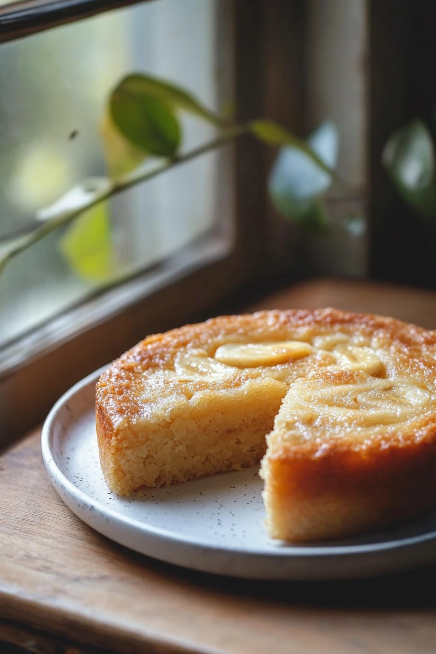 Close-up of a moist banana cake kukus with a golden crust and soft texture.