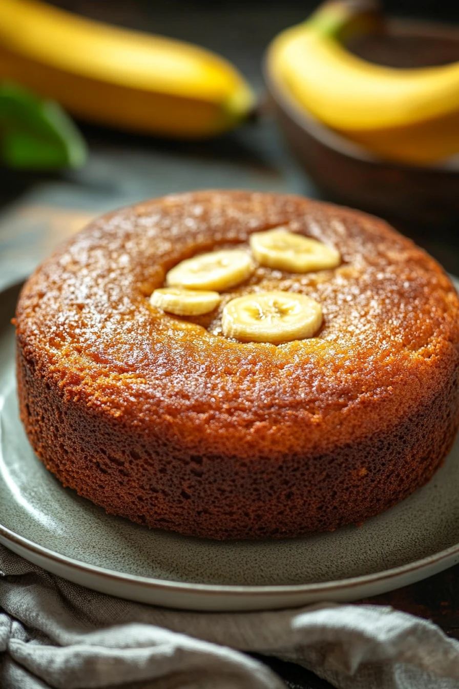 Close-up of a banana cake with a golden crust, no oven required