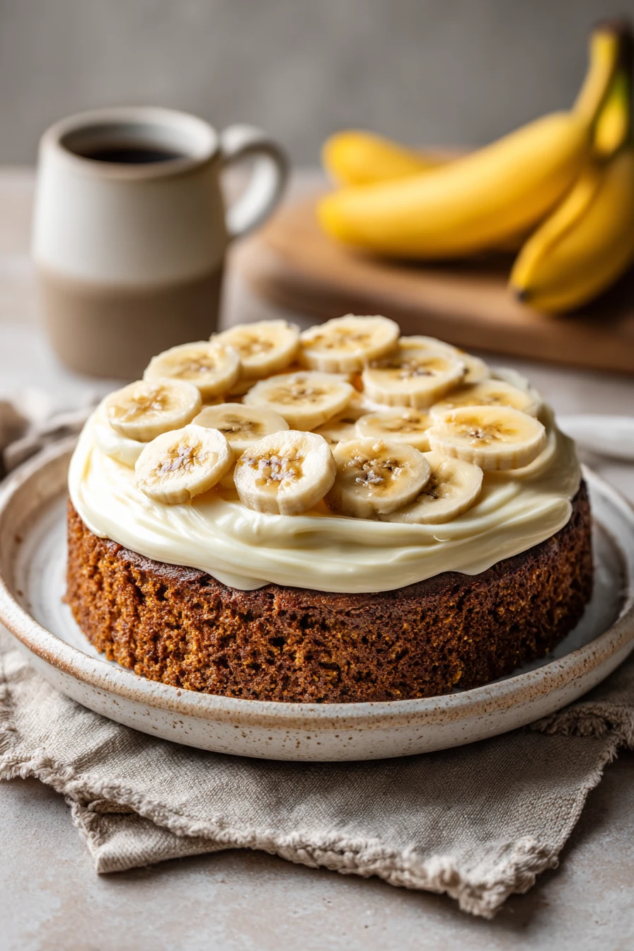 Close-up of a banana cake with cream cheese frosting on a clean background.