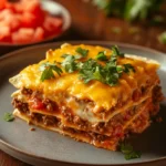Close-up of a beef casserole with ground beef and tortillas, topped with melted cheese.
