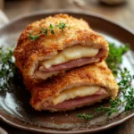 Close-up of beef chicken cordon bleu with a golden crust and creamy sauce