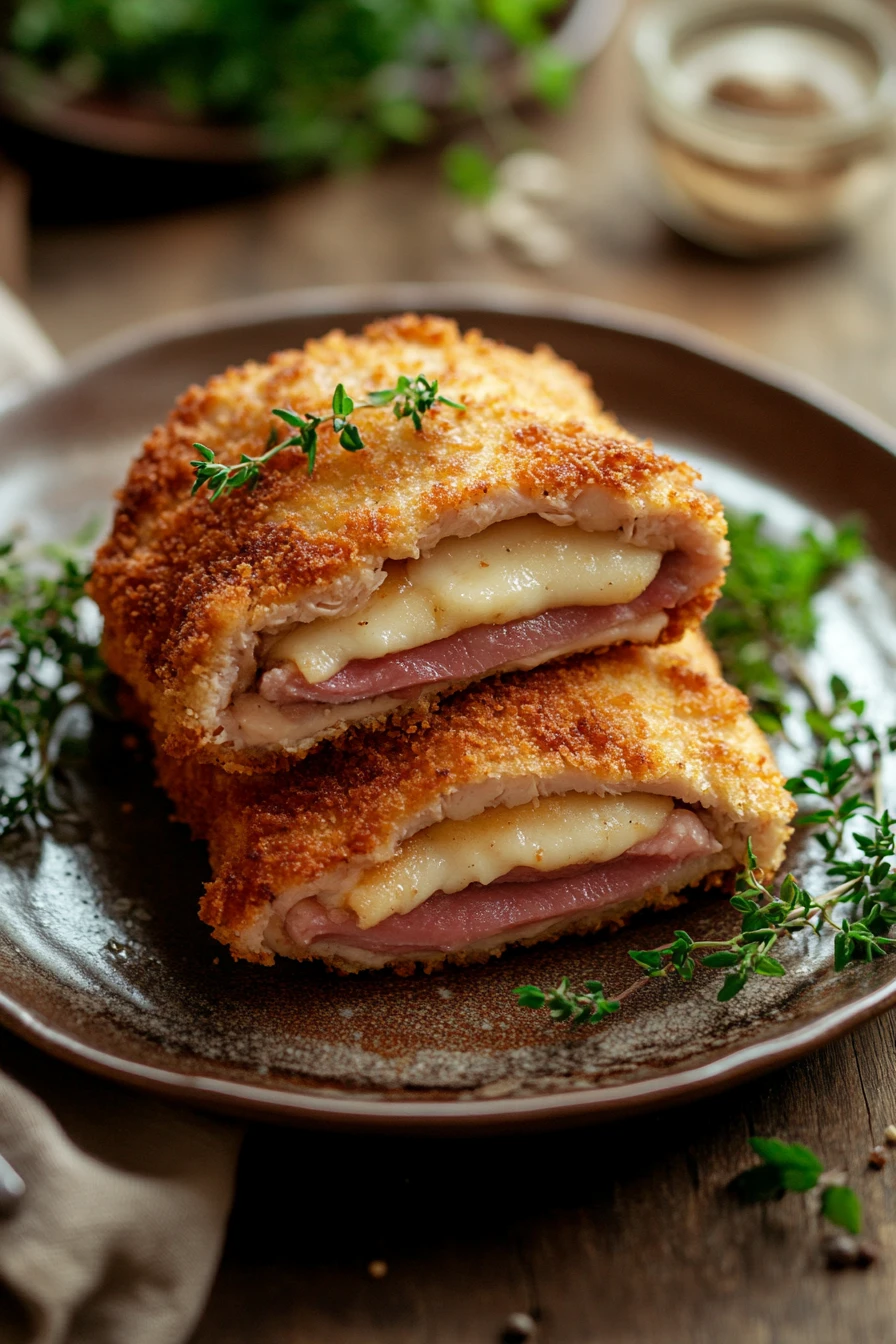 Close-up of beef chicken cordon bleu with a golden crust and creamy sauce
