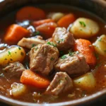 Close-up of a delicious beef and chicken crockpot dish with rich textures and warm lighting.