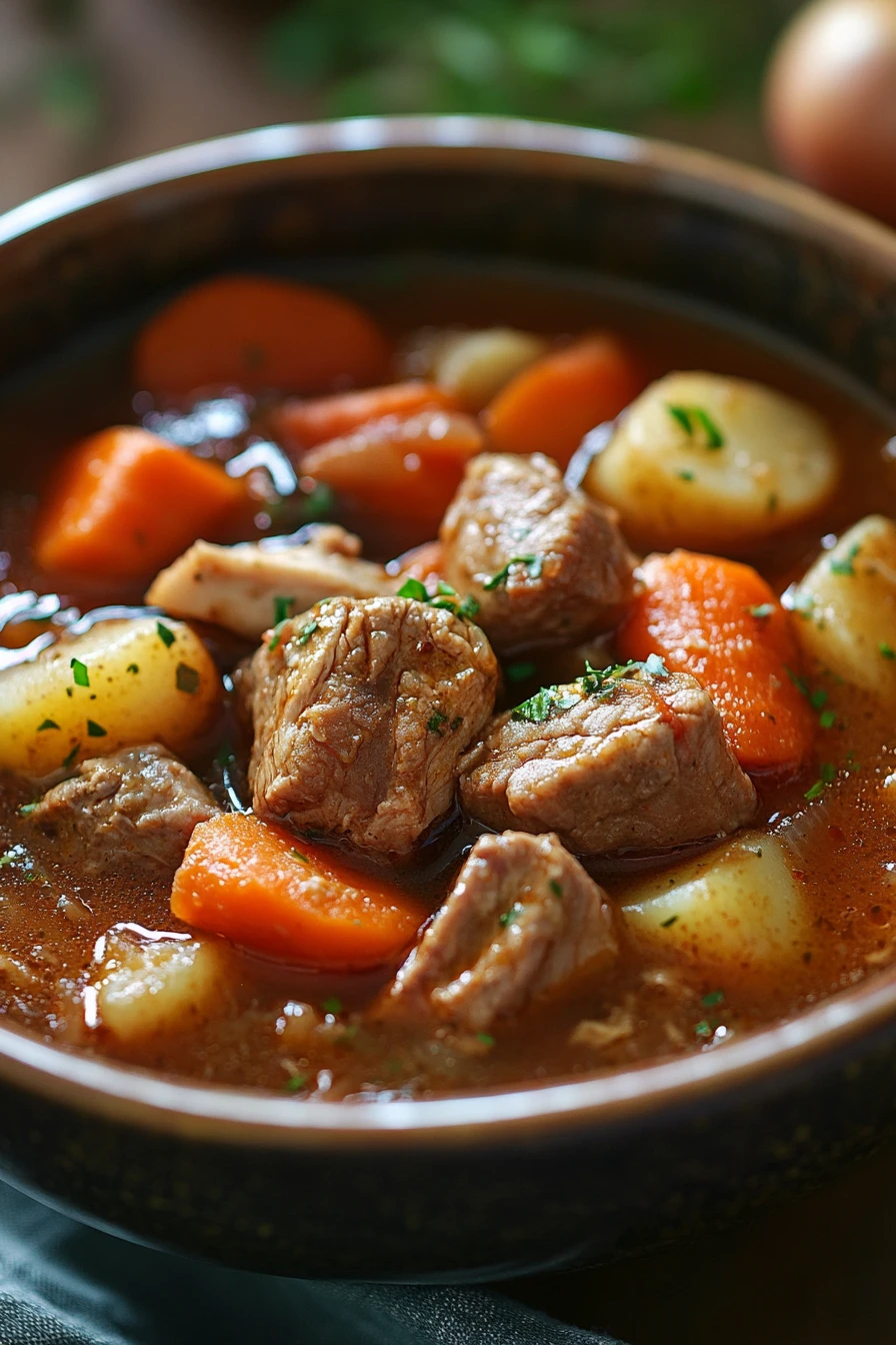 Close-up of a delicious beef and chicken crockpot dish with rich textures and warm lighting.