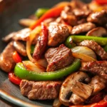 Close-up of a delicious beef and chicken dinner with vibrant colors and appetizing presentation.
