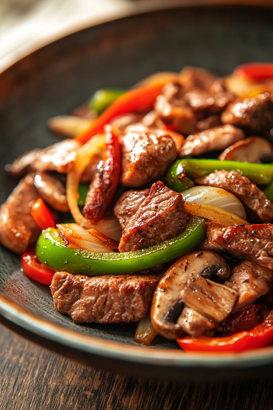 Close-up of a delicious beef and chicken dinner with vibrant colors and appetizing presentation.