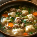 Close-up of beef chicken dumpling soup with visible ingredients in a warm, inviting setting.