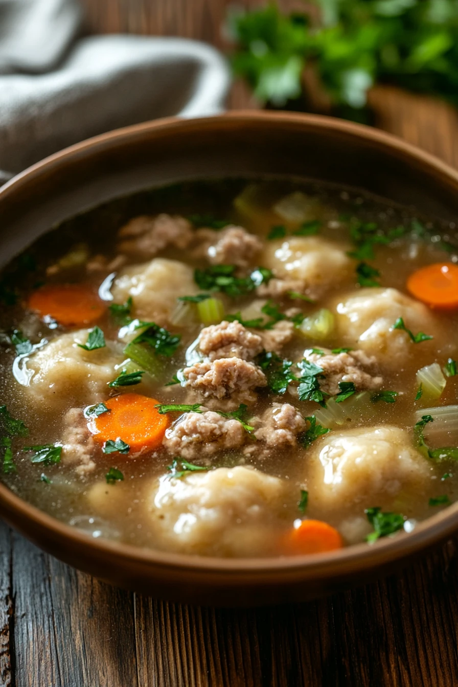 Close-up of beef chicken dumpling soup with visible ingredients in a warm, inviting setting.