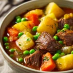 Close-up of beef stew with vegetables in a bowl, perfect for a freezer meal made in an instant pot.