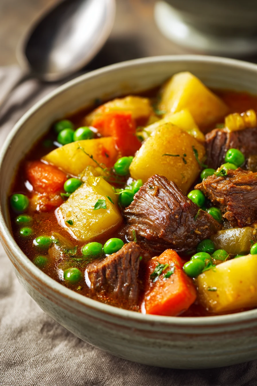 Close-up of beef stew with vegetables in a bowl, perfect for a freezer meal made in an instant pot.