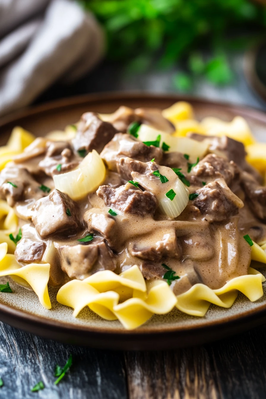 Close-up of beef stroganoff crockpot freezer meal with creamy sauce and herbs