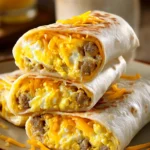 Close-up of breakfast crunchwraps with eggs on a clean background.