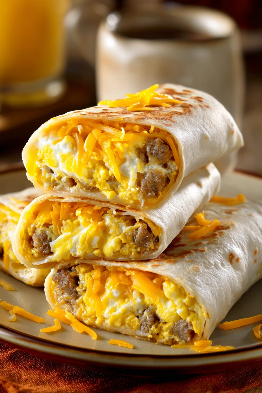 Close-up of breakfast crunchwraps with eggs on a clean background.