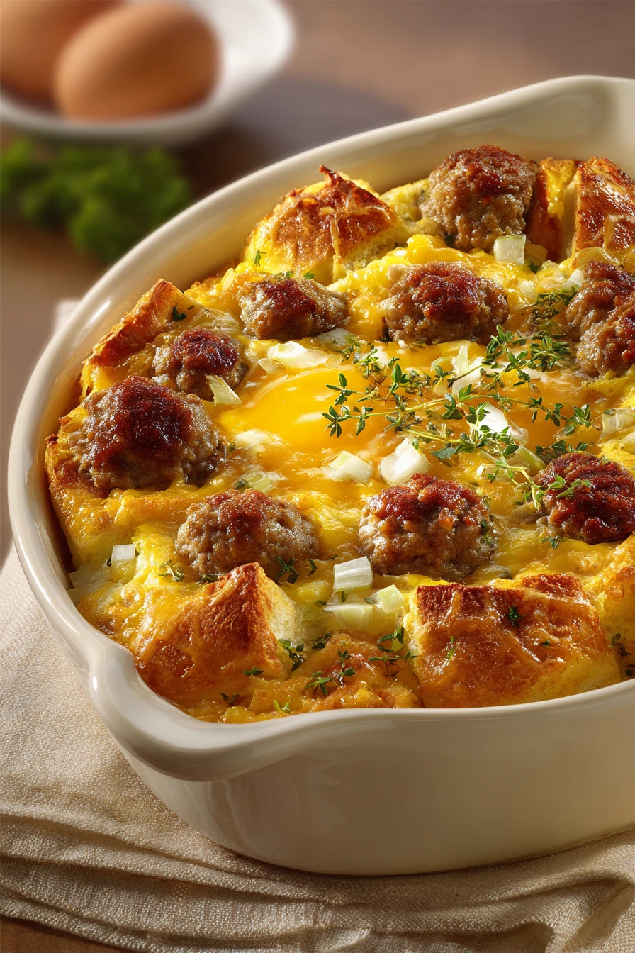 Close-up of a breakfast sausage and egg casserole with golden crust and herbs.