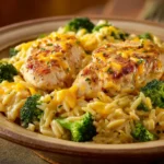 Close-up of Broccoli Cheddar Chicken Orzo with creamy sauce and herbs