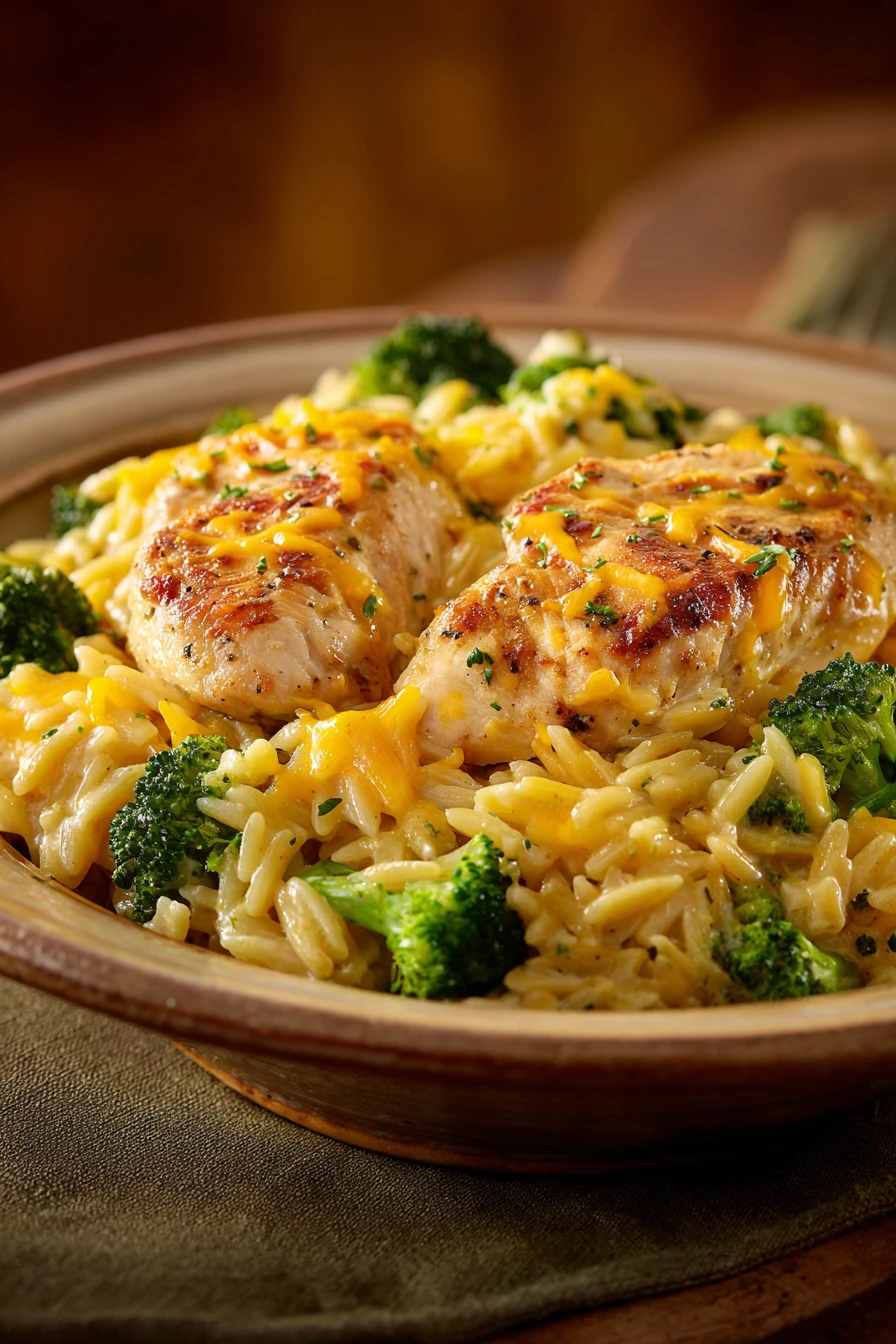 Close-up of Broccoli Cheddar Chicken Orzo with creamy sauce and herbs