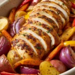 Cajun Style Baked Turkey Breast with Vegetables in a close-up shot with bright lighting