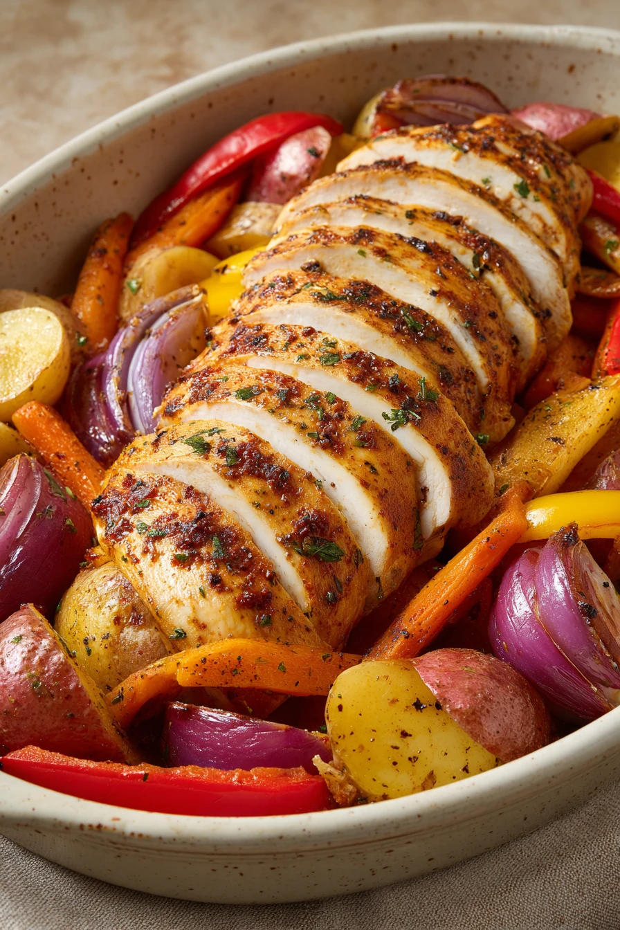 Cajun Style Baked Turkey Breast with Vegetables in a close-up shot with bright lighting