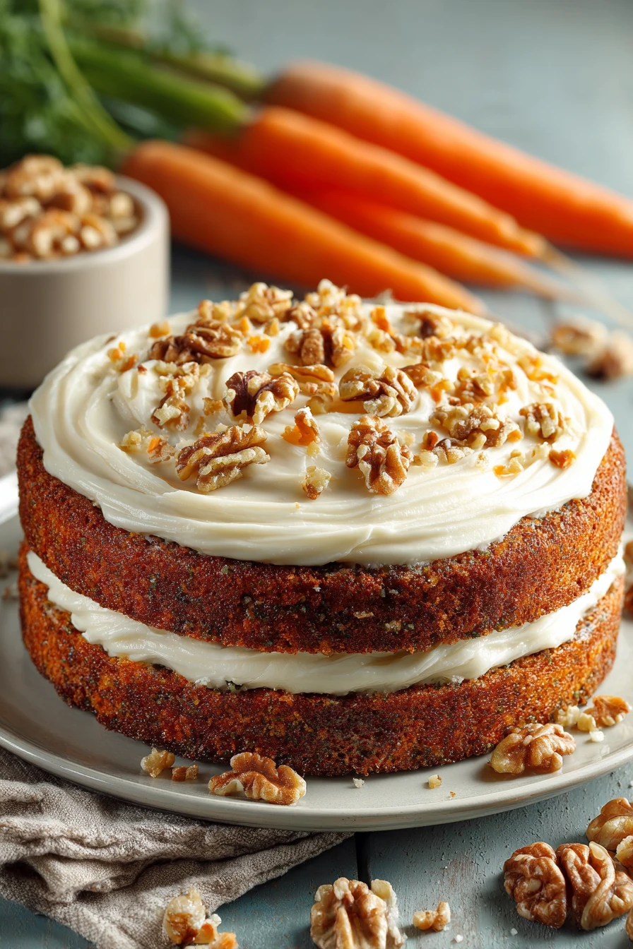 Close-up of a carrot cake with cream cheese frosting, showcasing its rich texture and creamy topping.
