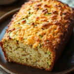 Close-up of cheddar garlic zucchini bread with a golden crust and visible herbs