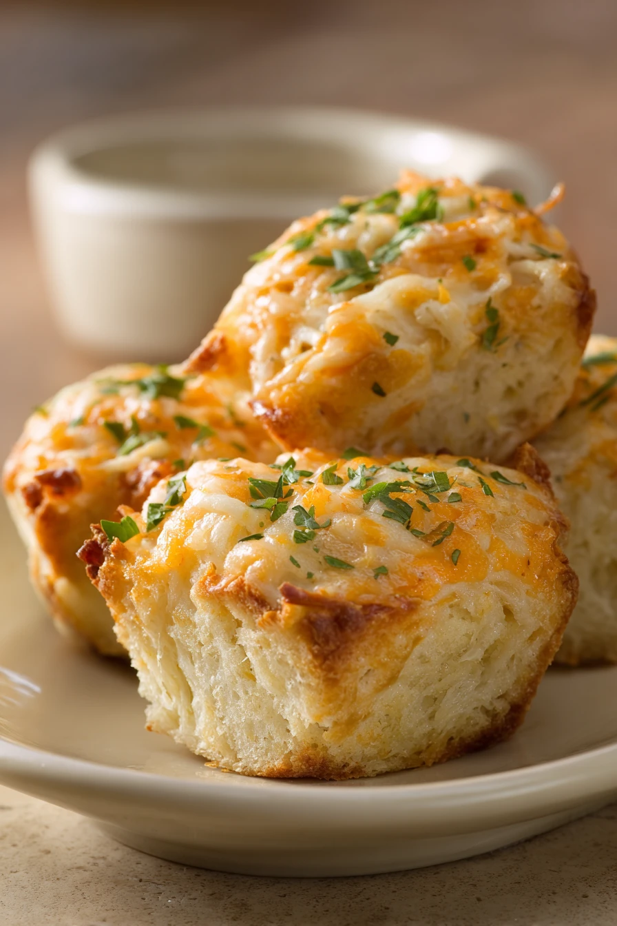 Close-up of golden cheese stuffed bread bites with a warm, appetizing glow.