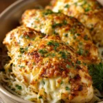 Close-up of cheesy baked chicken with golden crust and herbs on a clean plate.