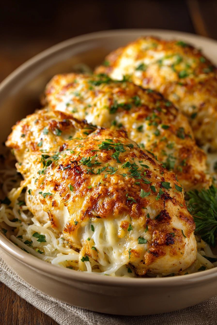 Close-up of cheesy baked chicken with golden crust and herbs on a clean plate.