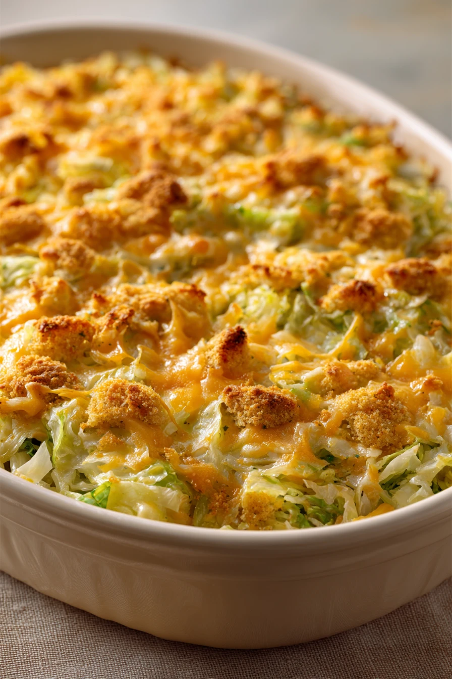 Close-up of a cheesy cabbage casserole with a golden cracker topping, filling the frame.