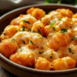 Close-up of cheesy chicken tater tot casserole in a crock pot with golden cheese and crispy tots
