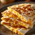 Close-up of a cheesy quesadilla with melted cheese and crispy edges.