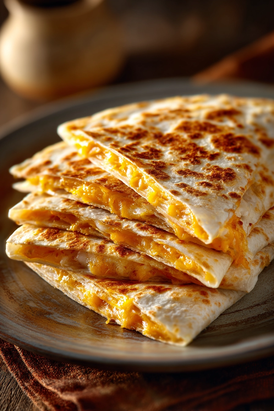 Close-up of a cheesy quesadilla with melted cheese and crispy edges.