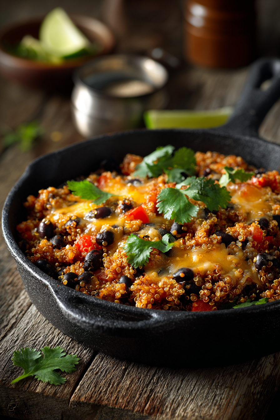 Close-up of a rustic cast iron skillet filled with melted cheese, black beans, and quinoa, bathed in warm natural light on a wooden surface