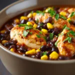 Close-up of chicken and black bean chili with vibrant colors and textures.