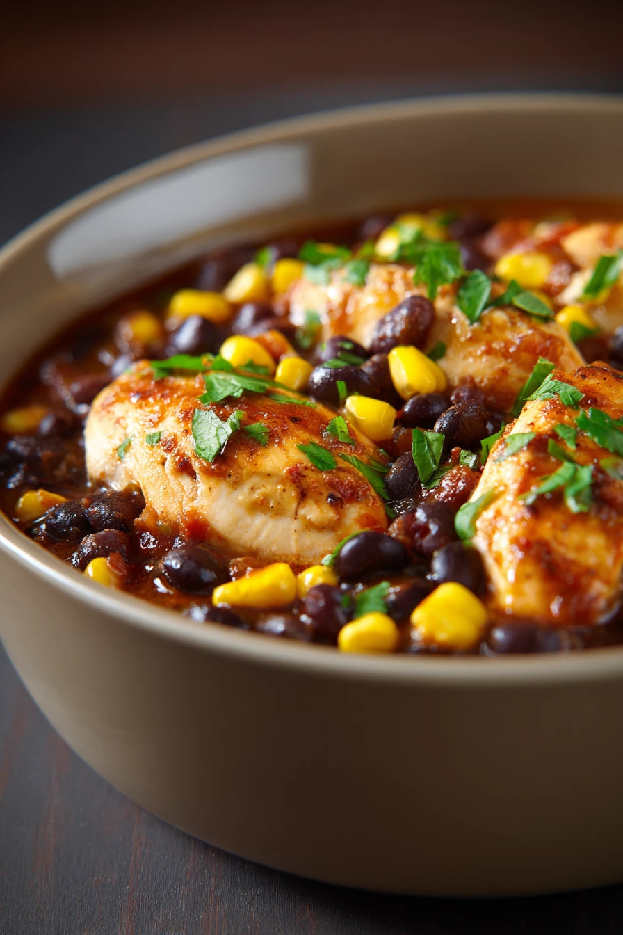 Close-up of chicken and black bean chili with vibrant colors and textures.